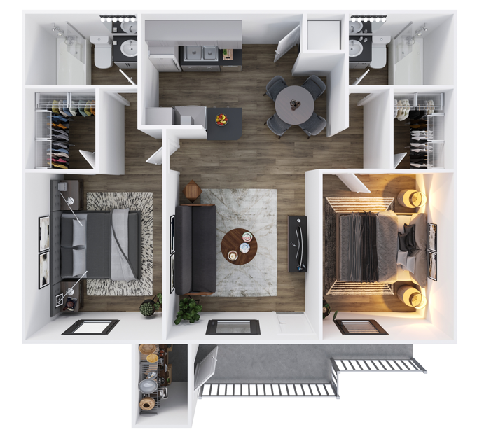 Floor plan for 2 beds, 2 baths, 900 sqft